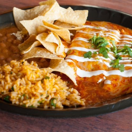 enchiladas refry beans and rice